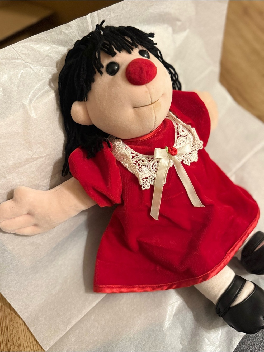 Plush Girl Doll in Red Dress with Black Yarn Hair